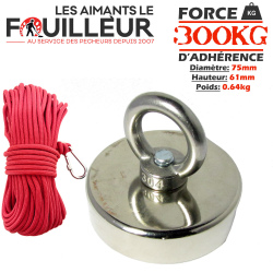 Imán de neodimio 300kg + cuerda militar (30m)