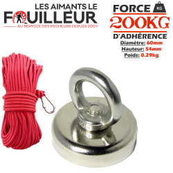 Imán de neodimio 200kg + cuerda militar (30m)